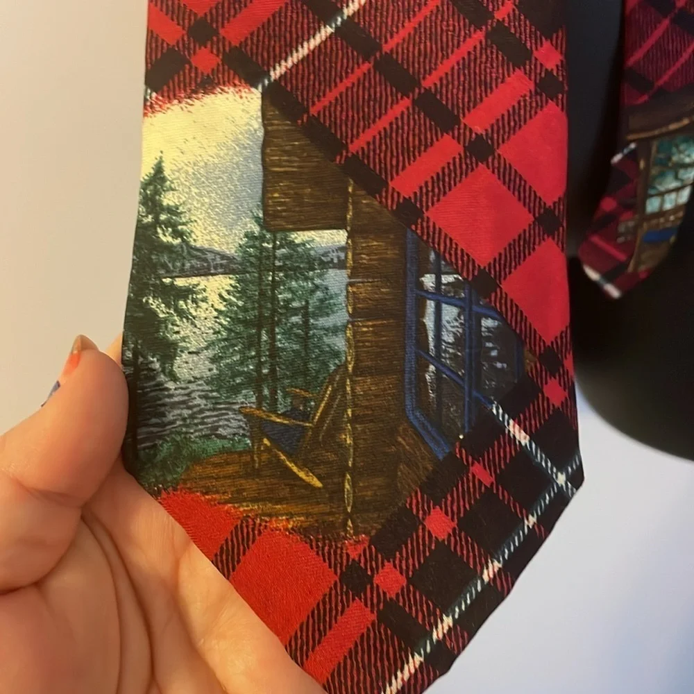 Structure Silk Italian Fabric Vintage Red Plaid Cabin in Woods Necktie Tie